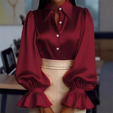 New Stylish Solid-colored Bubble Sleeve Long-sleeve Lapel Satin Shirt For Commuting